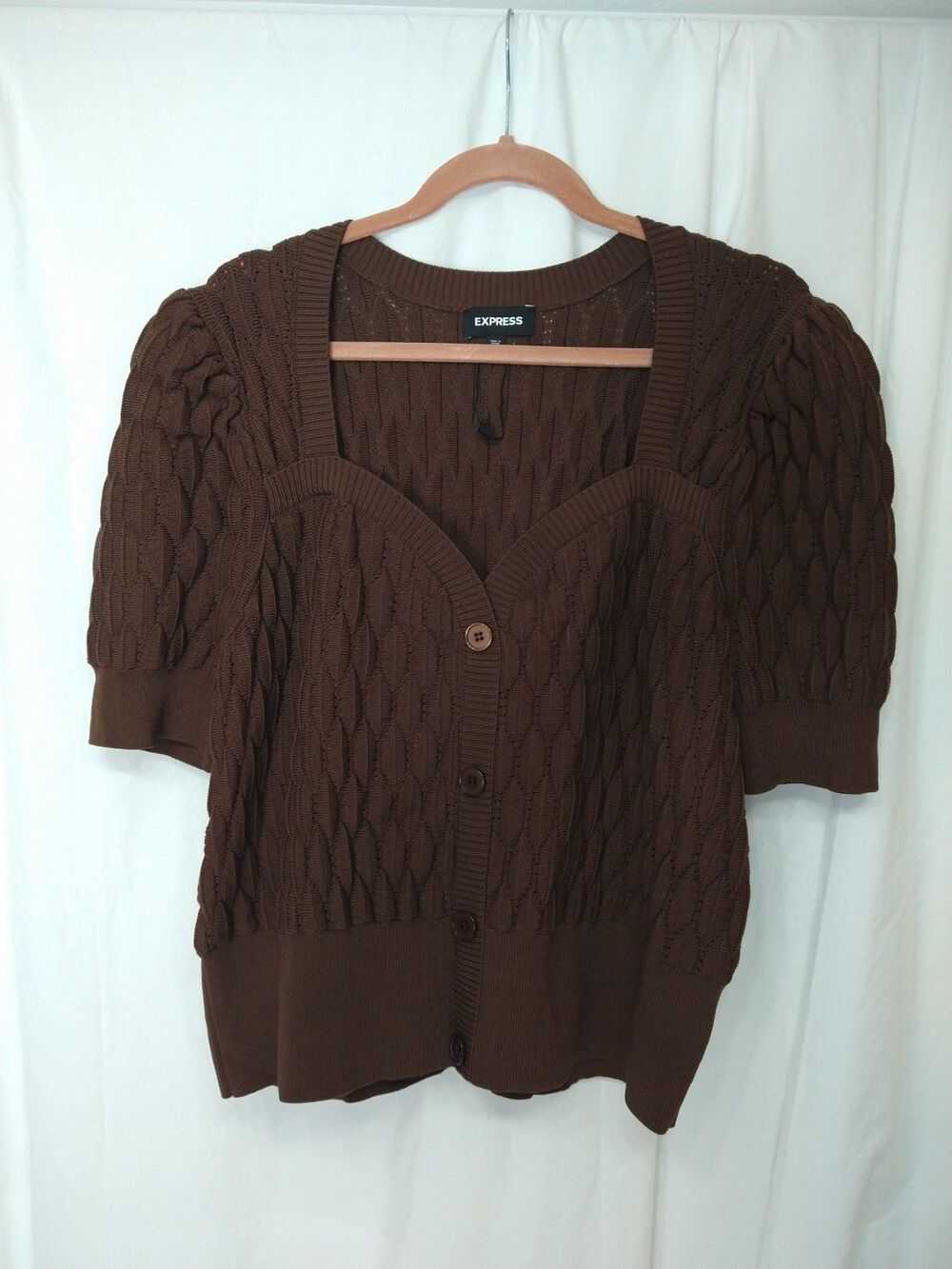 NWOT Express Sz XL Chocolate Brown Short Sleeve Button Up Sweater Puffy Quilted
